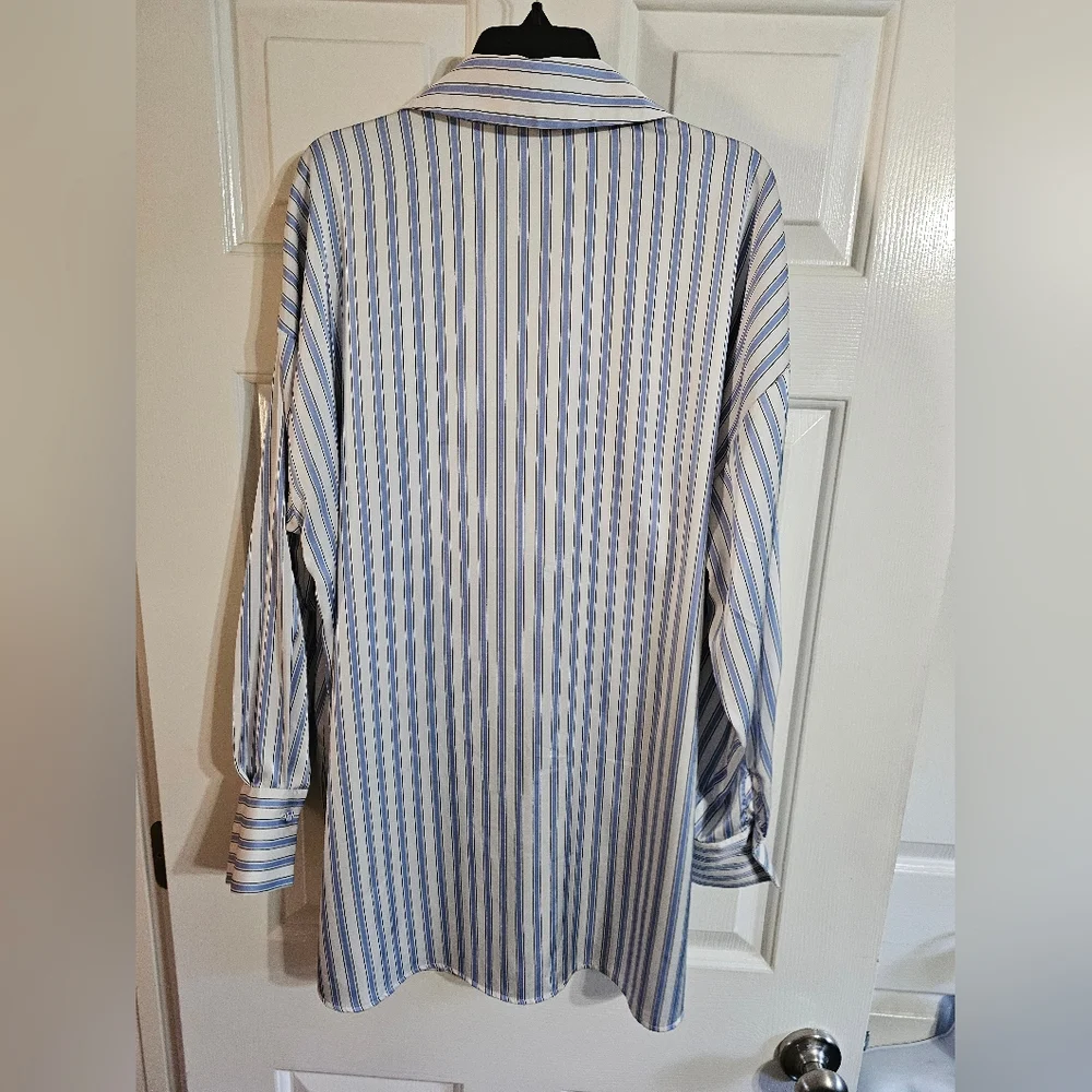 Maison d’Amélie Paris Womens M Blue White Stripe Button Shirt Stretch Work Top - Picture 3 of 7